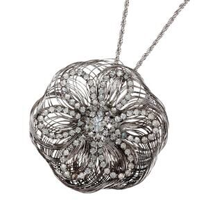 Large Wire Rhinestone Flower 2" Pendant Necklace, Extra Long 36" Chain
